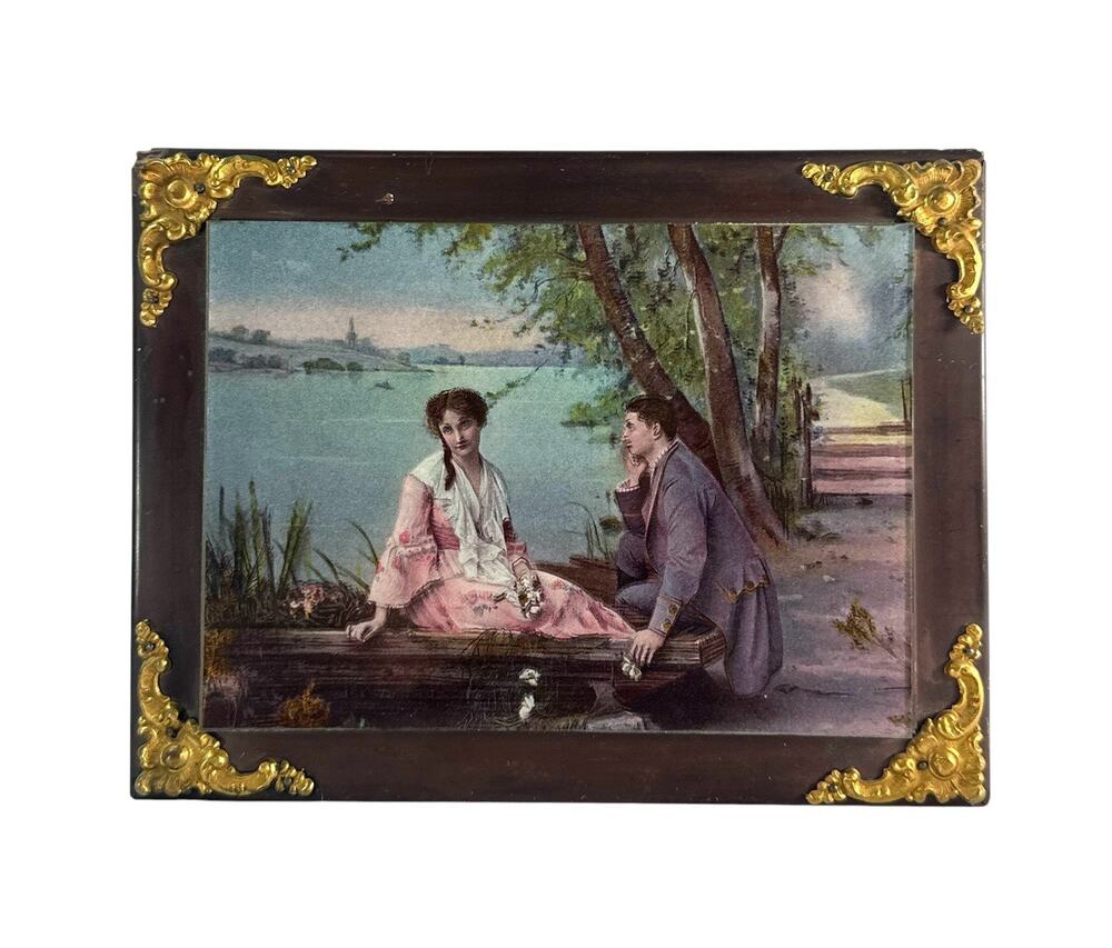 Antique Style Victorian Romantic Couple Print Ornate Brass Corner Frame 8.5x6.5